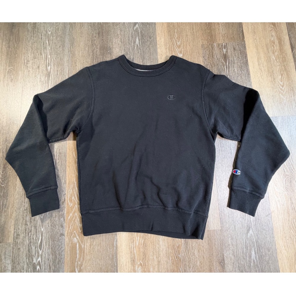 Champion Sweatshirt Mens Small Black Crewneck Pullover Embroidered Logo 5354